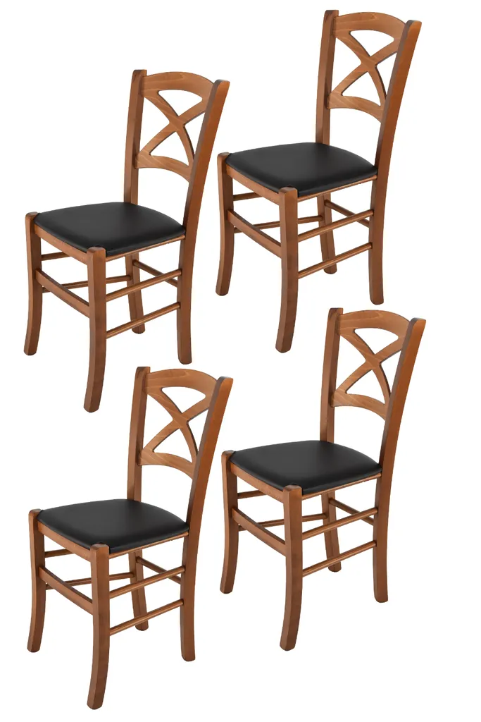 t m c s Tommychairs - 4er Set Stühle CROSS für Küche und Esszimmer, robuste Struktur aus lackiertem Buchenholz im Farbton Helles Nussbraun und gepolsterte Sitzfläche mit KUNSTLEDER in der Farbe Schwarz bezogen